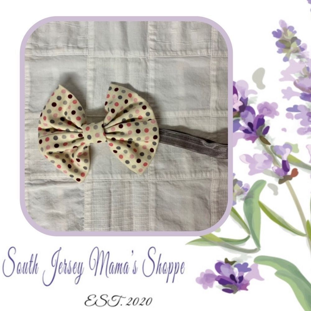 Infant Headband Gray Band Cream With Pink Gray Dark Purple Dots Bow 3 To 6 Month